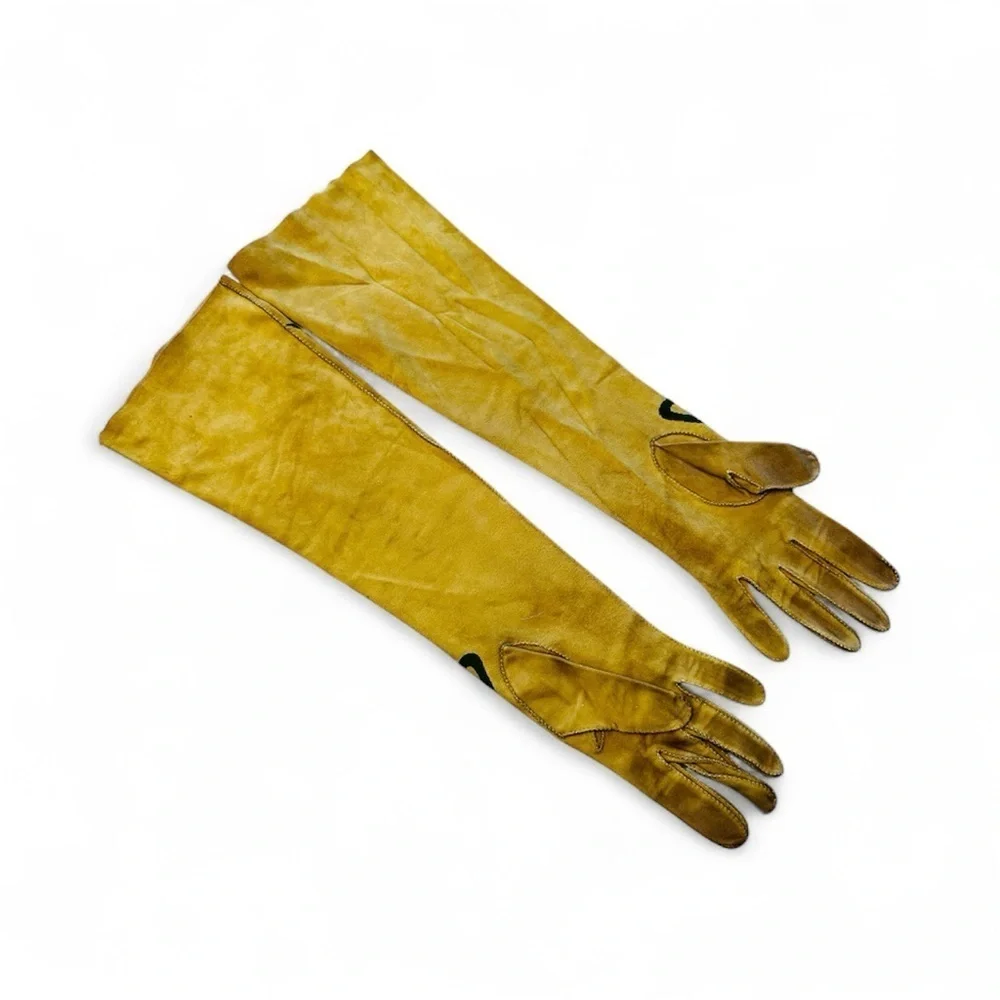 Vintage Handmade Suede Opera-Length Gloves Camel Color w/ Bows